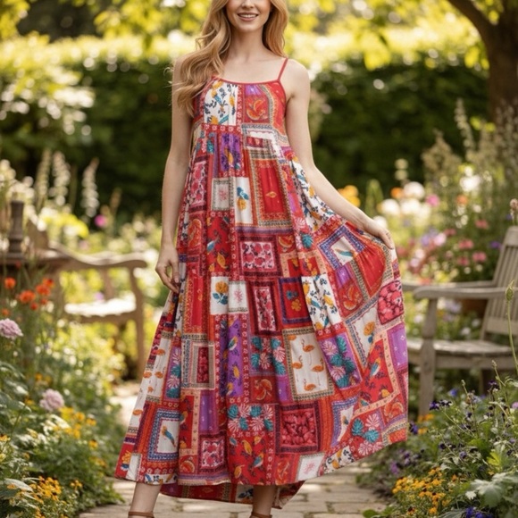 Angie Women’s Patchwork Keyhole Back Tiered Midi Dress - Picture 1 of 6